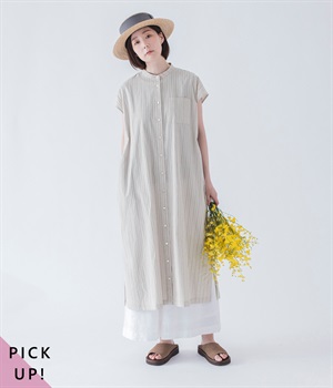 コットンストライプワンピース(ベージュ-ONESIZE)