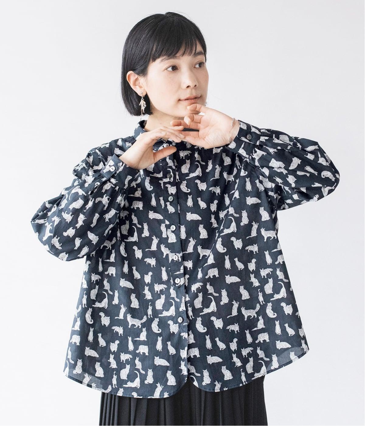 リバティ・ファブリックスネコ柄ブラウス(ブラック-F)