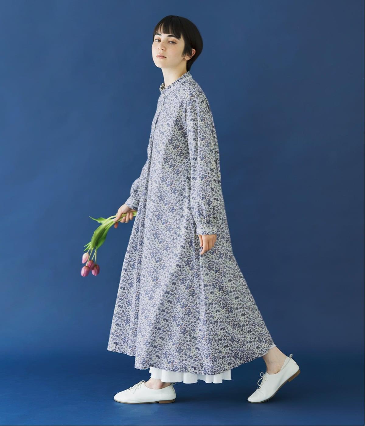 リバティ・ファブリックス フリル襟ワンピース(ブルー系-F)