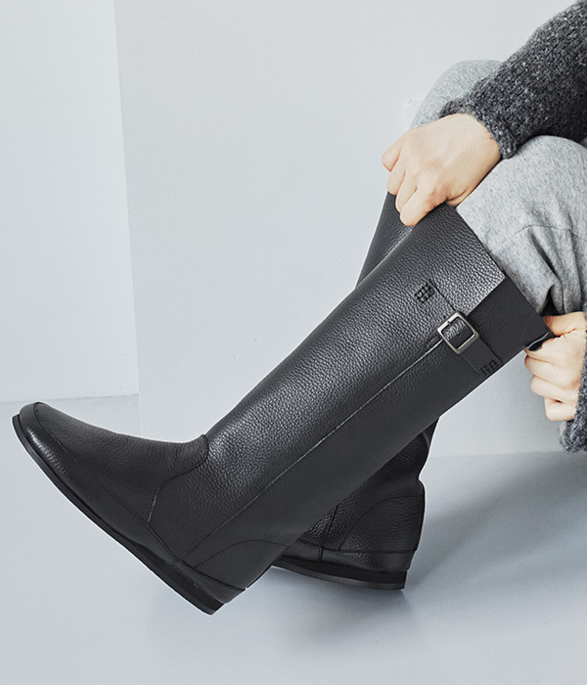 国産サイドベルトロングブーツ(ブラック-M)