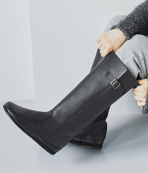 国産サイドベルトロングブーツ(ブラック-M)