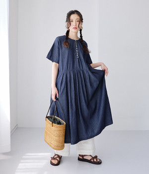 コットンデニム多ボタン切り替えワンピース(インディゴ-ONESIZE)
