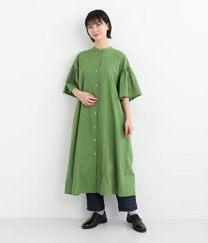 リネンコットン袖ギャザーワンピース(グリーン-ONESIZE)