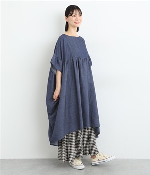 コットンデニムワイドワンピース(インディゴ-ONESIZE)
