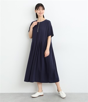 リネンレーヨン多ボタンウエストタックワンピース(ネイビー-ONESIZE)