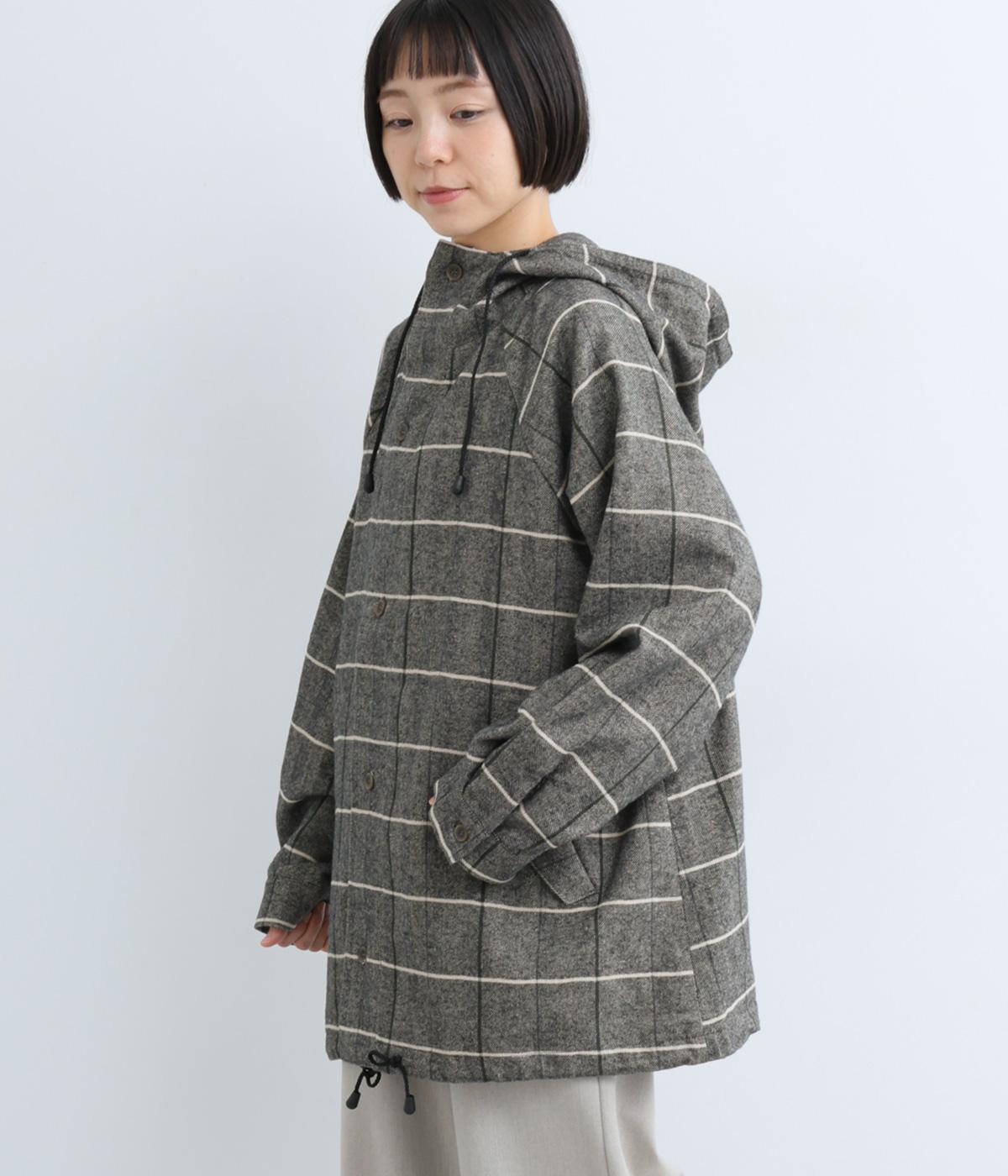 コットンリネンチェックフード付きジャケット(チャコール-0)
