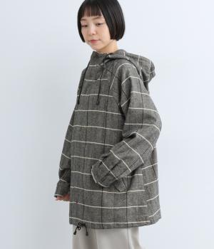 コットンリネンチェックフード付きジャケット(チャコール-0)
