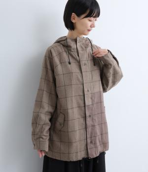 コットンリネンチェックフード付きジャケット(スモーキーブラウン-0)