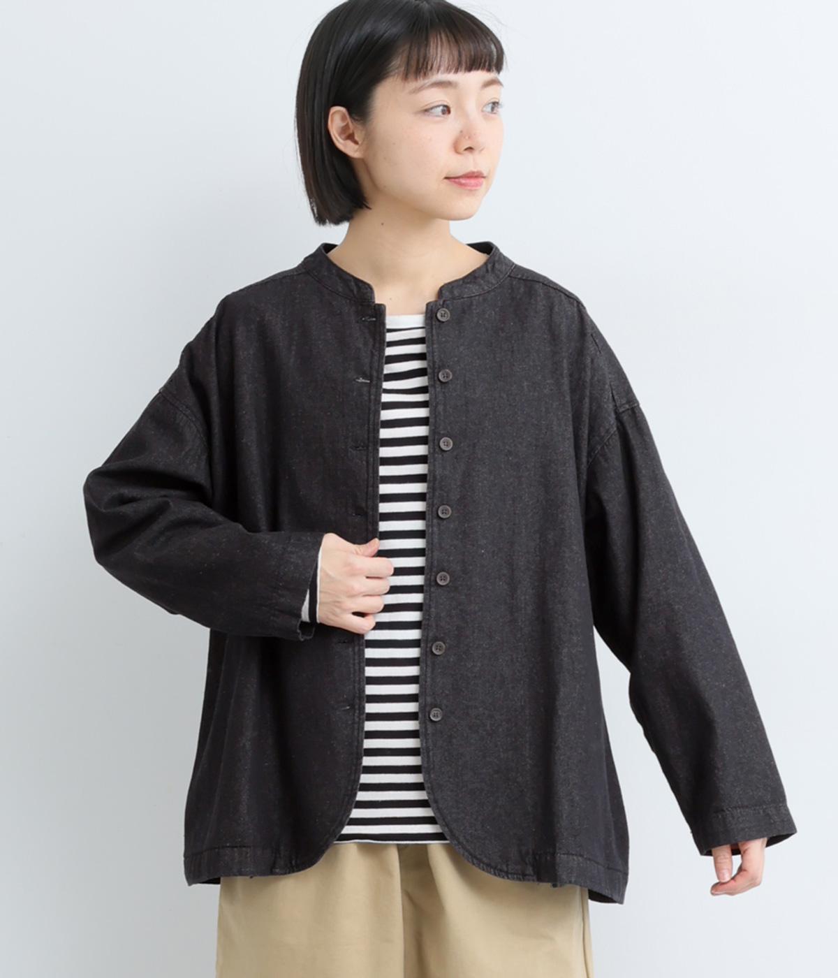 コットンデニムスタンド襟ジャケット(ブラック-F)