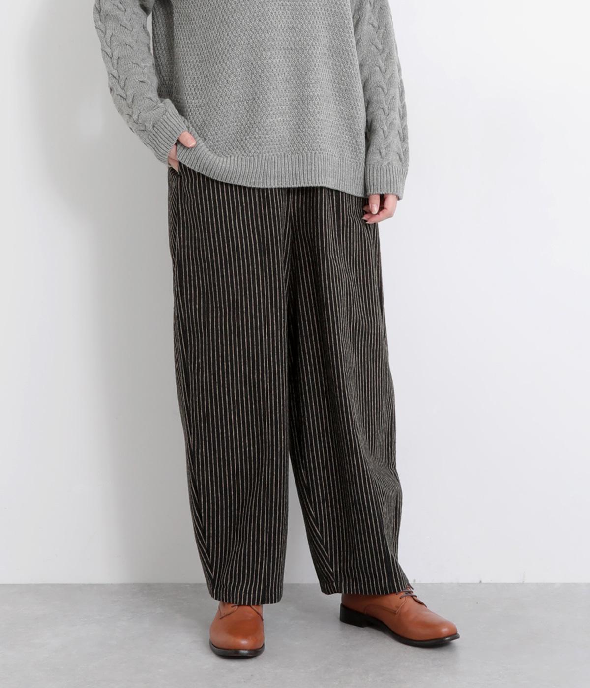 リネンコットンストライプ切り替えパンツ(ブラックストライプ-F)