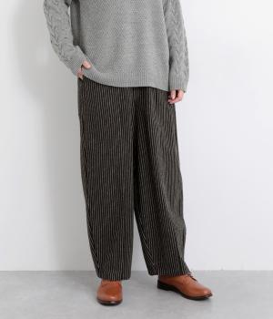 リネンコットンストライプ切り替えパンツ(ブラックストライプ-F)