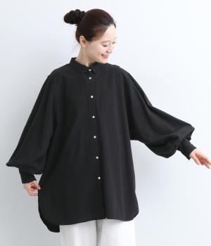 リネンコットンボリューム袖シャツブラウス(ブラック-ONESIZE)