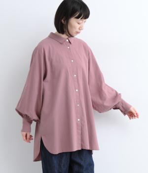 リネンコットンボリューム袖シャツブラウス(グレイッシュパープル-ONESIZE)