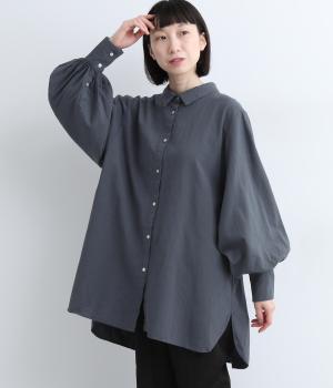 リネンコットンボリューム袖シャツブラウス(アッシュグリーン-ONESIZE)