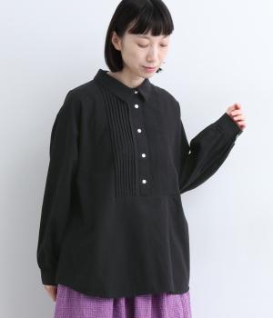 リネンコットンピンタック切り替えブラウス(ブラック-ONESIZE)