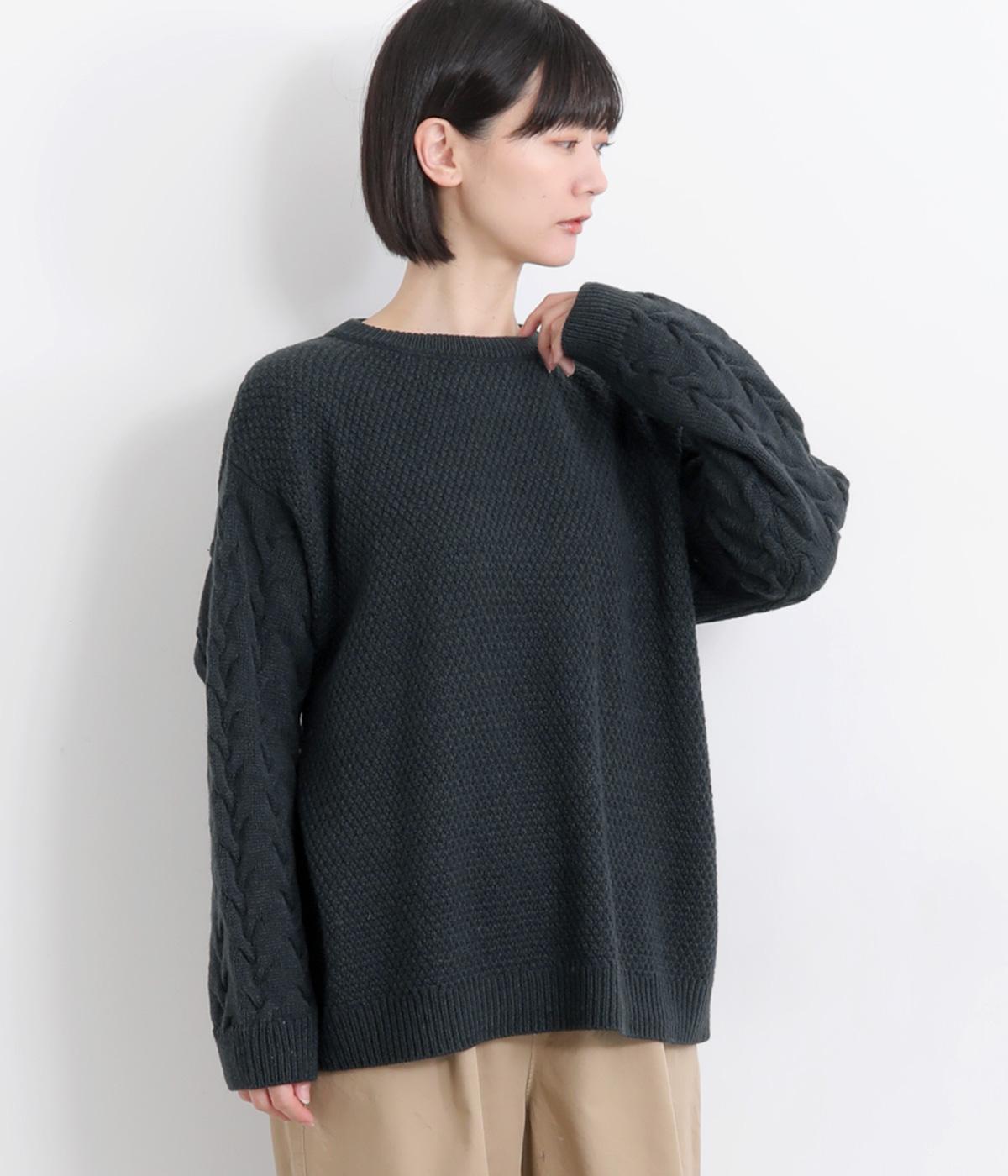 鹿の子編み×ケーブル編みニット袖プルオーバー(アッシュブルー-F)