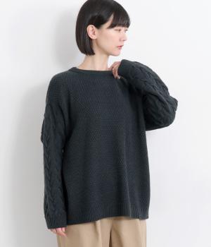 鹿の子編み×ケーブル編みニット袖プルオーバー(アッシュブルー-F)