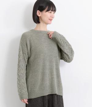 鹿の子編み×ケーブル編みニット袖プルオーバー(グレー-F)