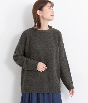 鹿の子編み×ケーブル編みニット袖プルオーバー(チャコール-F)