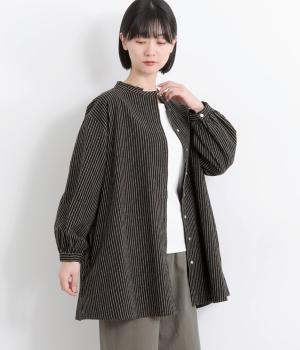 リネンコットンストライプチュニック(ブラックストライプ-F)
