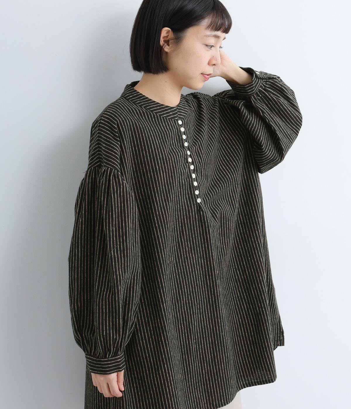 リネンコットンストライプ多ボタンチュニック(ブラックストライプ-F)