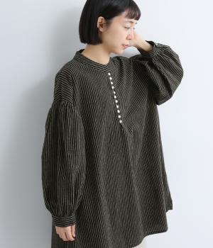リネンコットンストライプ多ボタンチュニック(ブラックストライプ-F)