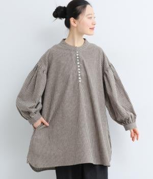 リネンコットンストライプ多ボタンチュニック(チャコールストライプ-F)