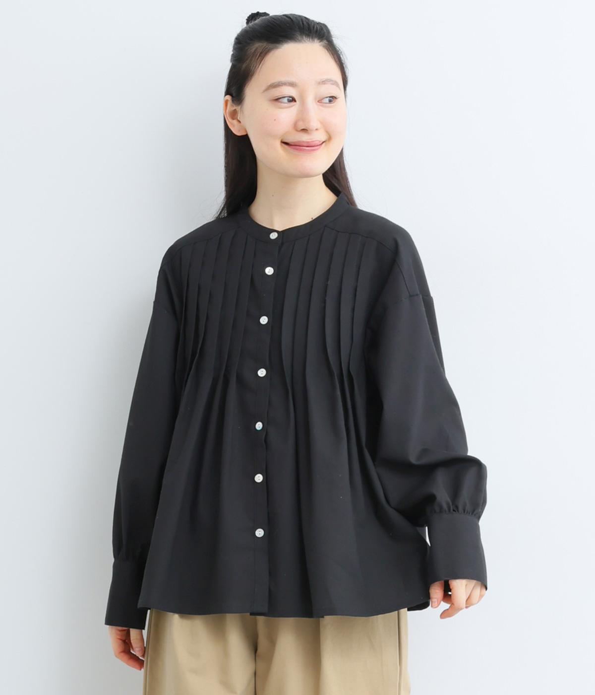 リネンコットンタックブラウス(ブラック-F)