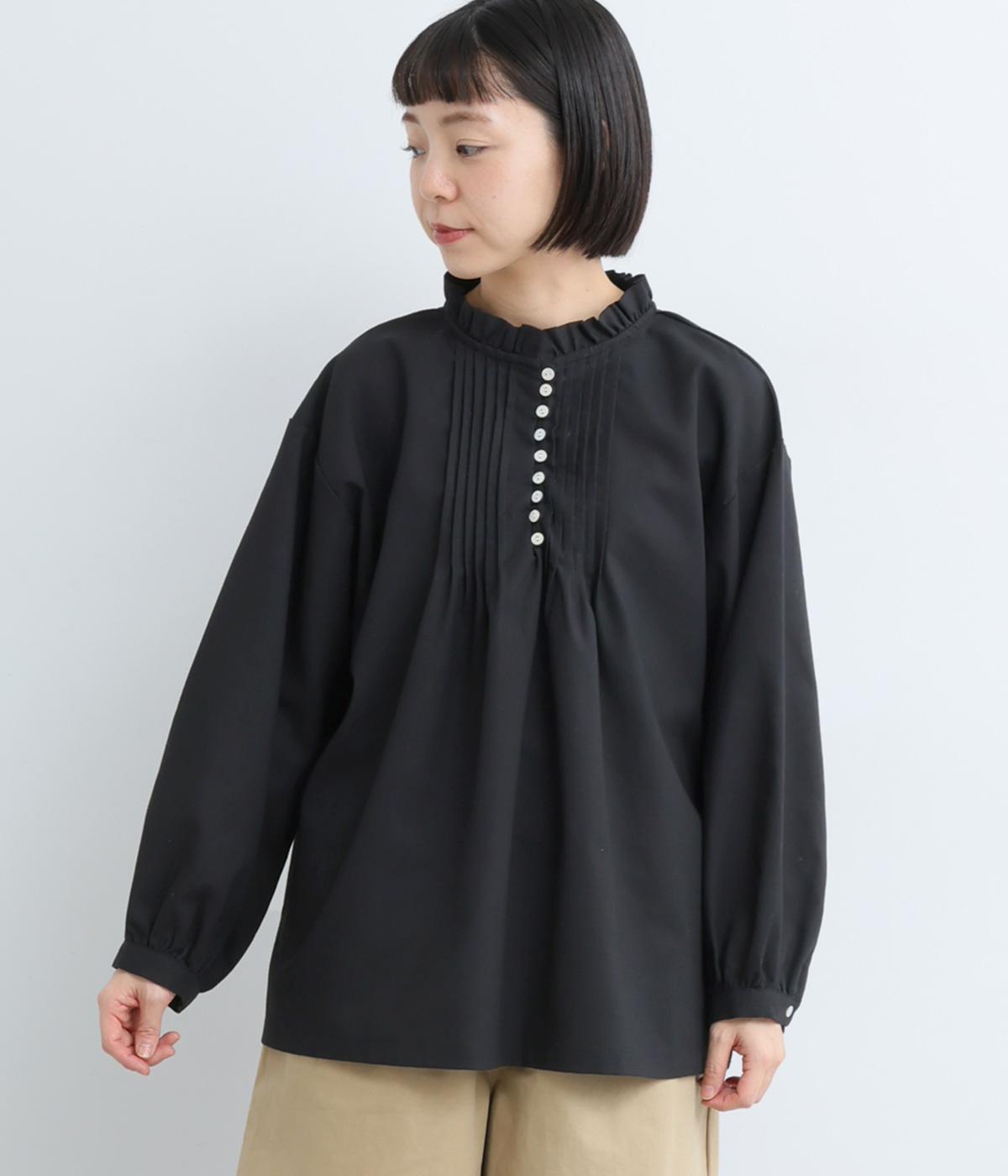 リネンコットンフリル襟ブラウス(ブラック-F)