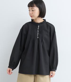 リネンコットンフリル襟ブラウス(ブラック-F)