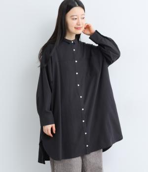 コットンシャツ襟チュニック(ブラック-F)
