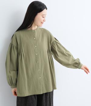 コットンボリューム袖前あきブラウス(カーキ-F)