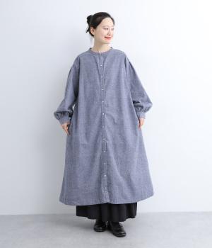 コットンリネン起毛ボリューム袖ワンピース(ネイビー-0)