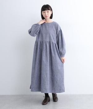 コットンリネン起毛ボリュームギャザー切り替えワンピース(ネイビー-0)
