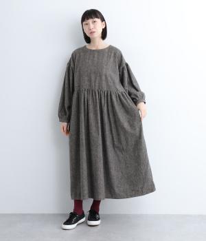 コットンリネン起毛ボリュームギャザー切り替えワンピース(ブラック-0)
