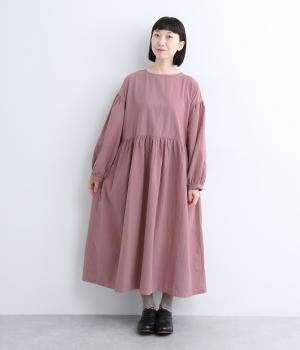 リネンコットンギャザー切り替えワンピース(グレイッシュパープル-0)