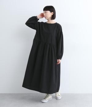 リネンコットンギャザー切り替えワンピース(ブラック-0)