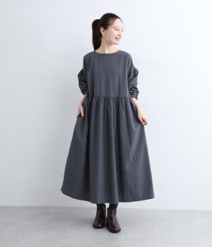 リネンコットンギャザー切り替えワンピース(アッシュグリーン-0)