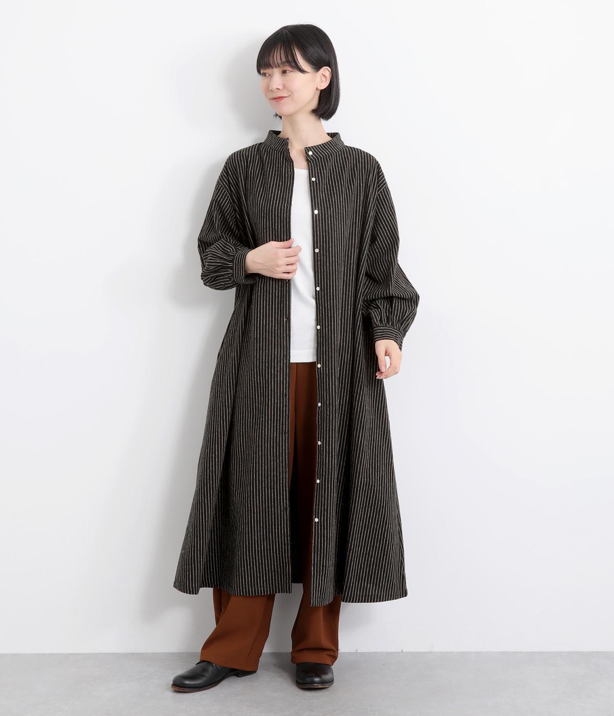 リネンコットンストライプボリューム袖ワンピース(ブラックストライプ-F)