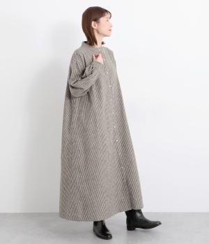 リネンコットンストライプボリューム袖ワンピース(チャコールストライプ-F)
