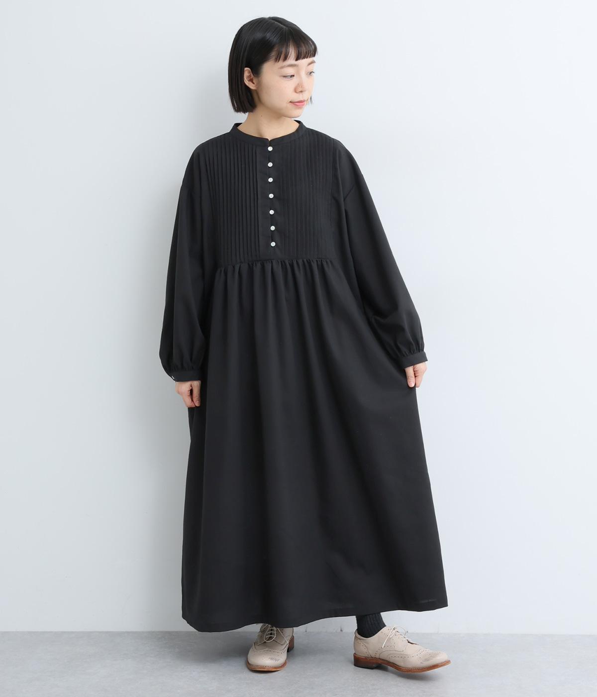 リネンコットンギャザー切り替えワンピース(ブラック-F)