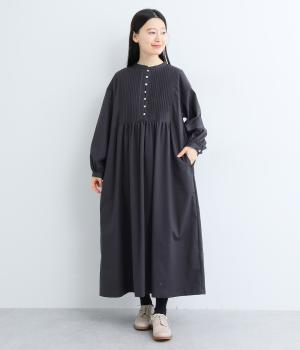 リネンコットンギャザー切り替えワンピース(ネイビー-F)