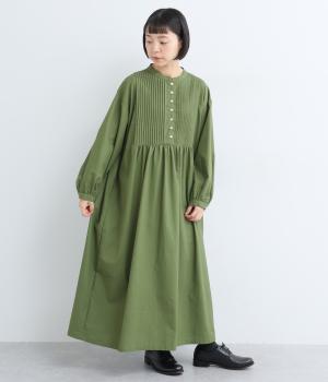 リネンコットンギャザー切り替えワンピース(グリーン-F)