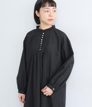 リネンコットンフリル襟ワンピース(ブラック-F)