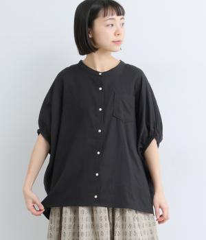 コットンソフトガーゼギャザーブラウス(ブラック-F)