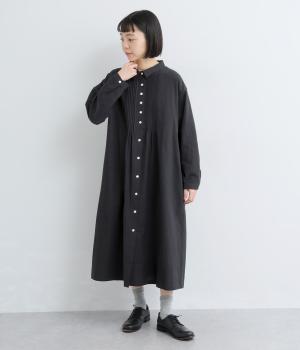 コットンリネンシャツ襟ワンピース(ブラック-F)