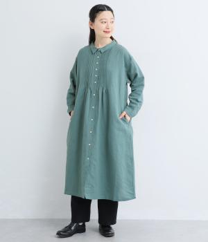 コットンリネンシャツ襟ワンピース(ターコイズ-F)