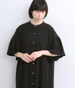 サンドウォッシュコットンギャザー切り替えワンピース(ブラック-F)