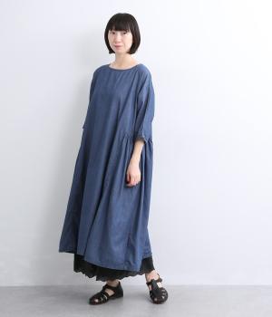 コットンデニムウエストギャザー切り替えワンピース(ブルー-F)