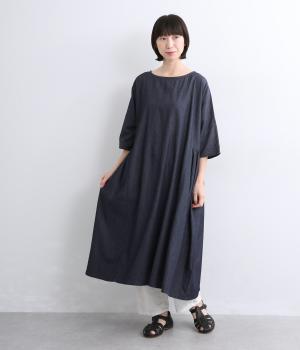 コットンデニムウエストギャザー切り替えワンピース(インディゴ-F)